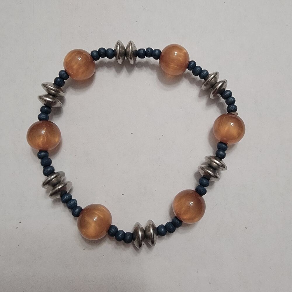 Vintage Stretch Bead Bracelet Aqua Matte Beads Peach Accents Rhinestone Spacers